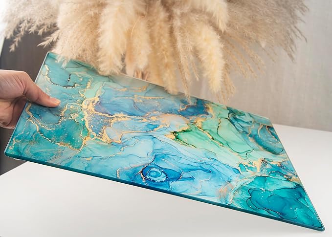 Kitchenville Glass Cutting Board 16"x12": Tempered Glass Kitchen Counter Protector - Durable- Scratch-Resistant, Heat-Proof - Design 9 - Teal Ocean