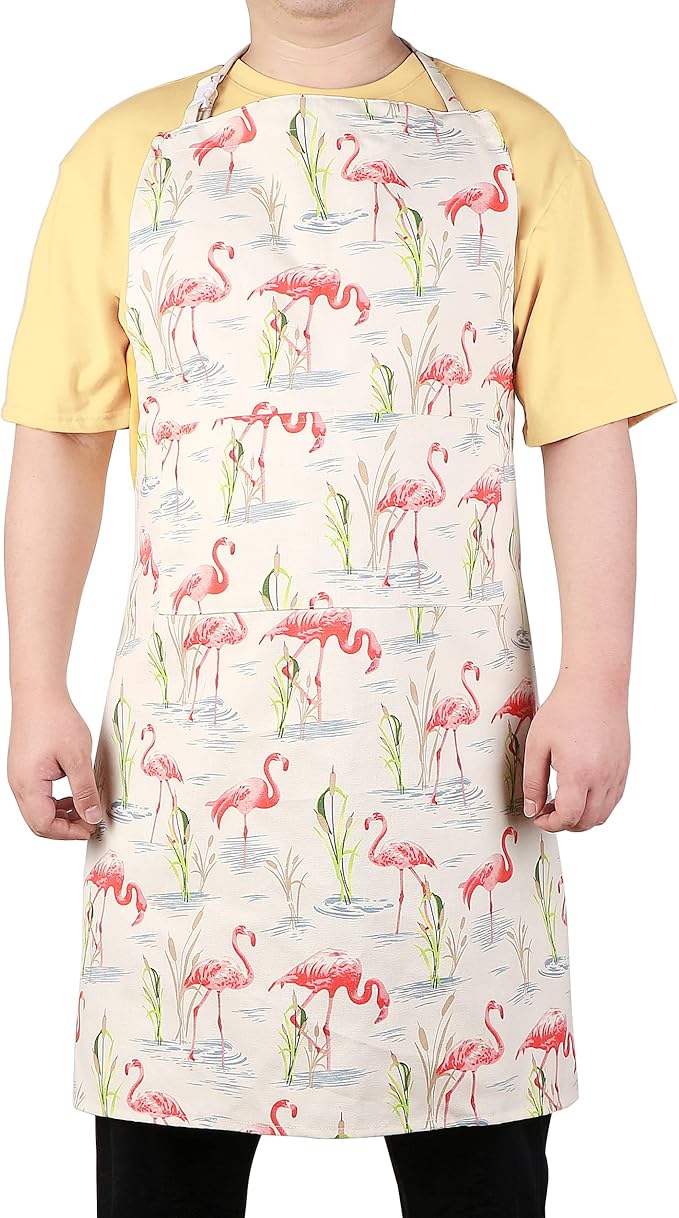 Sanlykate Extra Large Canvas Cotton Apron for Men & Women, Plus Size Durable Aprons with 2 Pockets, Adjustable Bib Machine Washable Oversized Aprons for Baking, Cooking, Painting - Flamingo