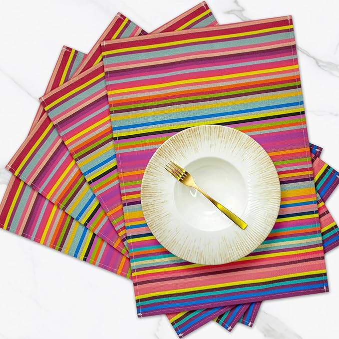 Rainbow Placemats Set of 4, 12x18 Inch Heat-Resistant Washable Easy to Clean Place Mats, Faux Linen Cloth Table Mats Suitable for Indoor/Outdoor Parties & Kitchen Decor (Rainbow)