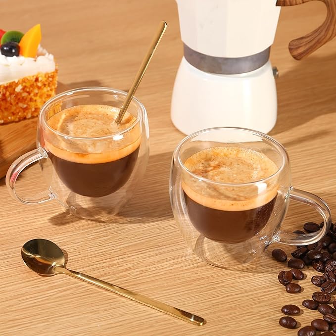 VENVENWEAVS Espresso Cups Set Of 2,Double Wall 5OZ Hand Blown Espresso Shots Glass,Espresso Coffee Mugs In Gift Box,Perfect For Espresso,Latte,Cappuccinos,Tea Bag,Juice