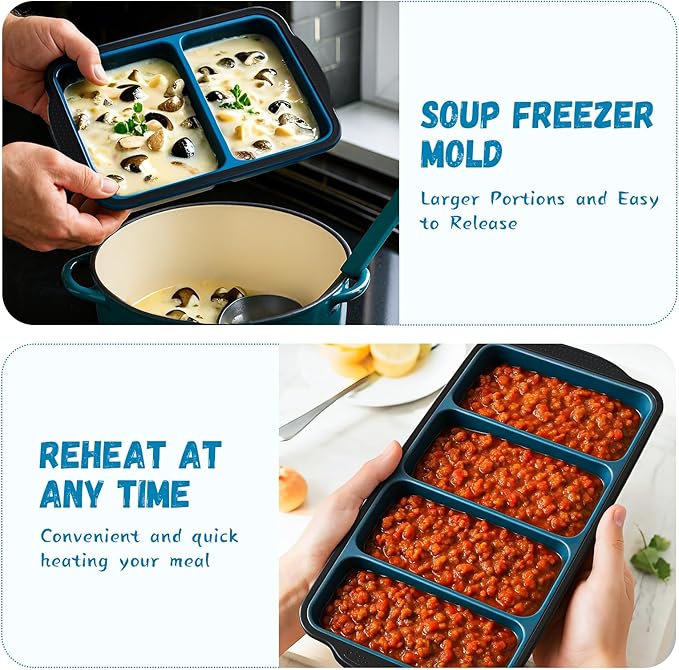 GORCI Silicone Freezer Tray With Lid, 4 Large 2 Cup Soup Freezer Molds, Soup Freezer Container for Meal Prepping, Large Ice Cube Tray， Perfect for Storing Leftovers, Sauces, Lasagna, 2-Pack