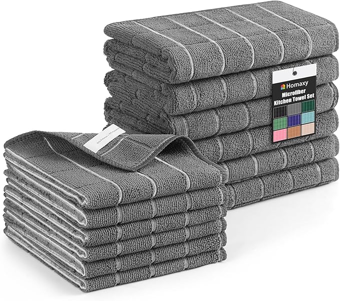 Homaxy Microfiber Kitchen Towels and Dishcloths Set, 12 Pack Soft and Absorbent Dish Hand Towels Bulk, 28 x 16 Inch & 12 x 12 Inch Quick Drying Rags for Washing Dishes, Grey