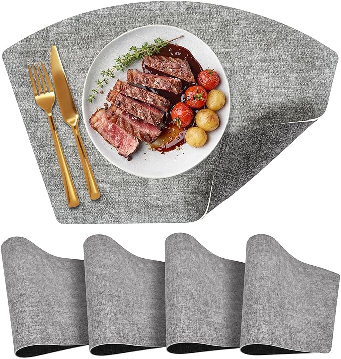 Round Table Placemats Set of 4, Dual-Sided Wedge Shape Faux Leather Table Mats, Washable Wipeable Heat Resistant Place Mats for Outdoor Indoor, Light Gray/Gray