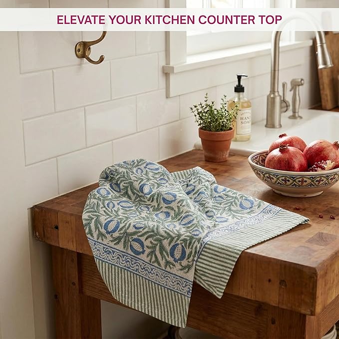 ATOSII 100% Cotton Hand Block Print Waffle Kitchen Towel, Set of 3, 18 x 26 Inches Ultra Absorbent Quick Dry Dish Towels, Lightweight Reusable Sustainable Tea Towels for Cleaning and Drying, Anar Blue