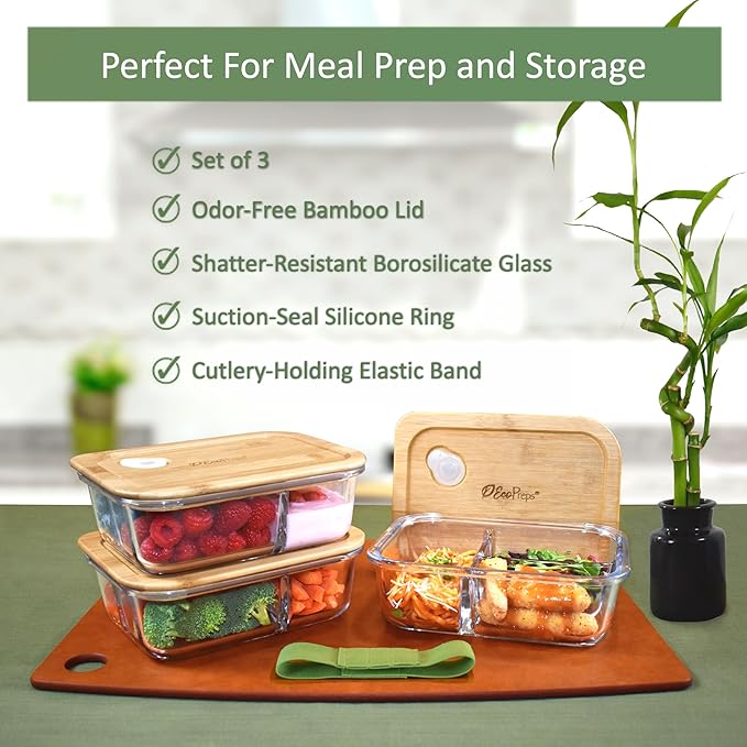EcoPreps Glass Bento Box Containers with Bamboo Lids, 3 Compartment Glass Meal Prep Containers (3 Pack) - 100% Plastic Free, Eco-Friendly Lunch Container Set, Bamboo Lid Bento Boxes for Adults