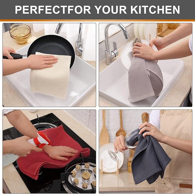 Kitinjoy 100% Cotton Waffle Weave Kitchen Hand Towels (13 x 28 Inches, Multicolor), 4-Pack Super Soft and Absorbent Dish Towels for Drying Dishes