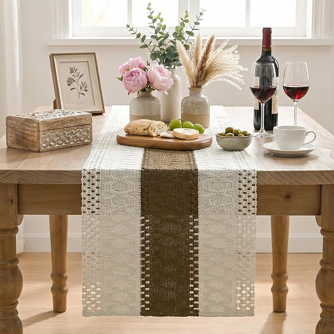 Artoid Mode Light Coffee Farmhouse Rustic Table Runner, Seasonal Holiday Hollow Kitchen Dining Table Decoration for Home Party Decor 12x90 Inch