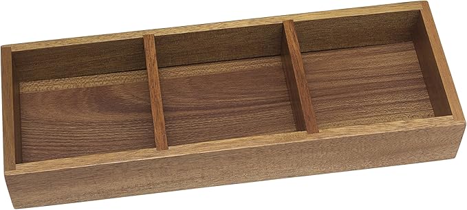Lipper International Acacia Wood Drawer and Desk Organizer Tray for Office Supplies or Household and Kitchen Items, 3 Compartments, 11 5/8" x 4 1/8" x 1 3/4”