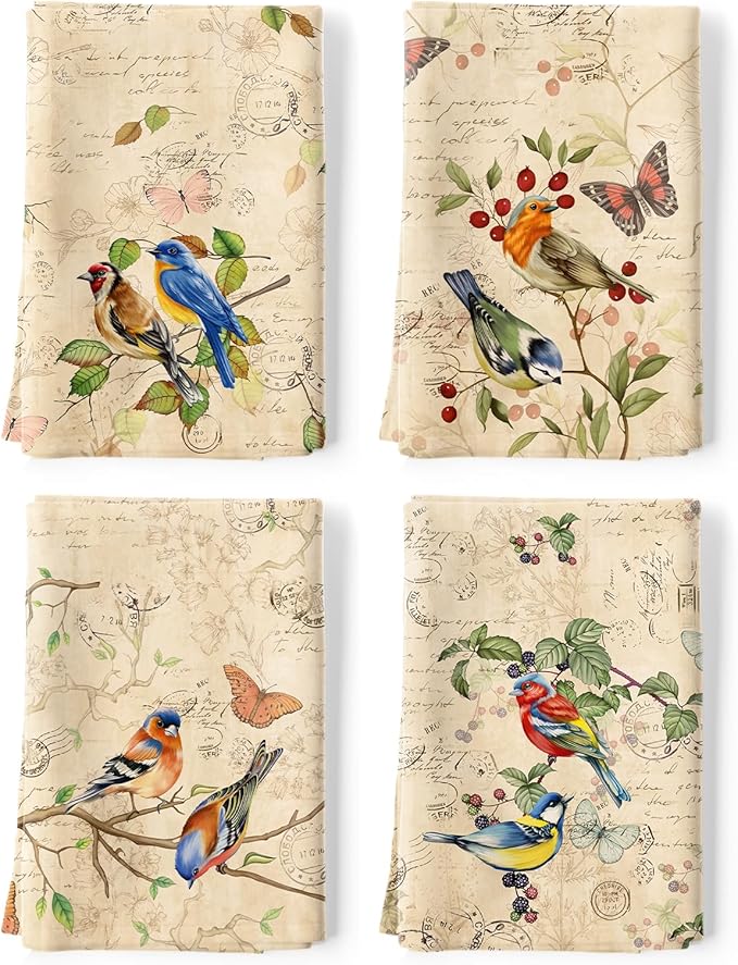 Retro Birds Tea Towels, Cotton Kitchen Towel 18.9 × 27.5 inch, Gifts for Bird Lovers, Quick Drying Dish Cloth for Party Anniversary Holiday Decoration, Housewarming Gifts for Mom