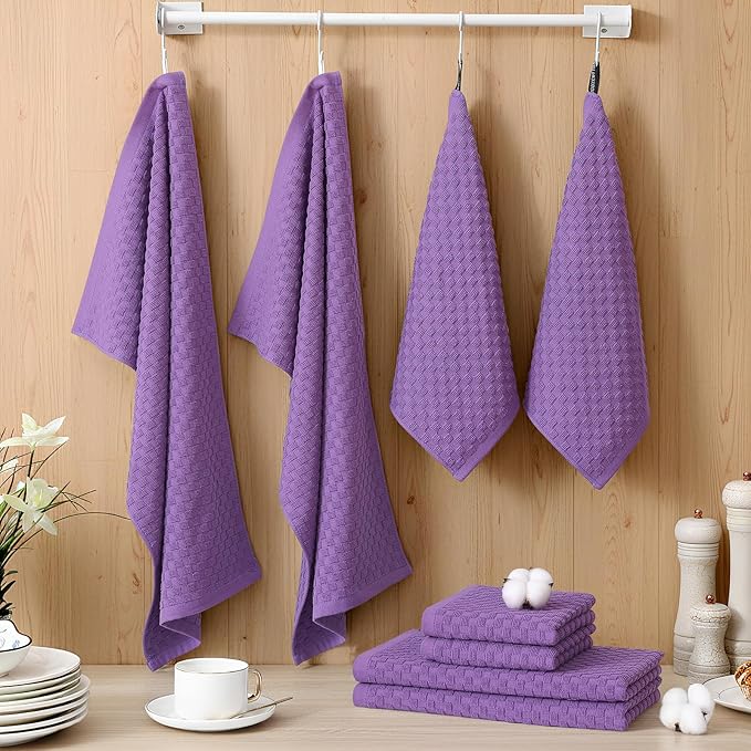 Homaxy 100% Cotton Kitchen Towels and Dishcloths Set, 12 x 12 & 15 x 25 Inches, Set of 12 Bulk Terry Cloth Dish Towels, Super Soft and Absorbent Hand Towel with Hanging Loop, Purple