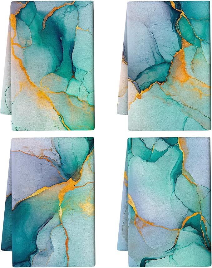 Teal Gold Kitchen Towel Set of 4 Soft Absorbent Marble Texture Turquoise Decorative Hand Towels Abstract Modern Dish Towels for Kitchen Drying Farmhouse Home Decor 16"x24"