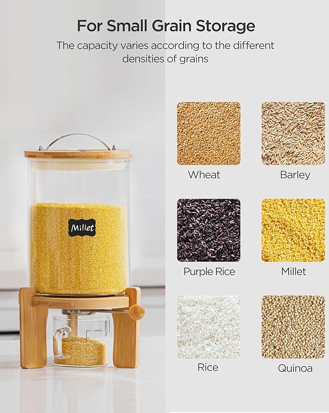 5-7 lbs Glass Rice Dispenser with Wooden Stand Flour and Cereal Container with Glass Measuring Cup & Labels & Slider mat Pantry Food Organization Storage Bin with Airtight Bamboo Lid, 3L