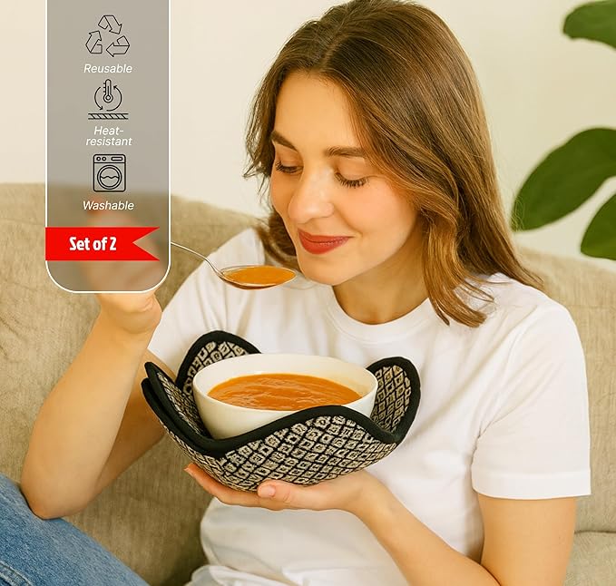 Set of 2 Microwave Bowl 4x7x7 Inch Polyester Cloth Hot Pads with Black and White Color - Holder Microwavable Pot for Food - Ramen Soup or Pot Cozy - Multipurpose Heat Resistant Plate Holders