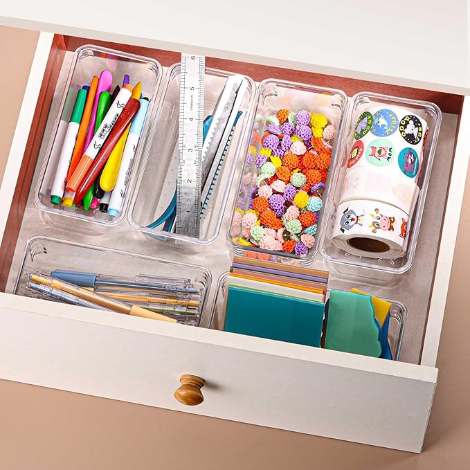 Ohlove 6Pcs Clear Plastic Drawer Organizers Tray 6" x 3" Storage Bins with 25Pcs Non-slip Pads for Makeup, Jewelries, Kitchen Utensils, Bathroom and Office