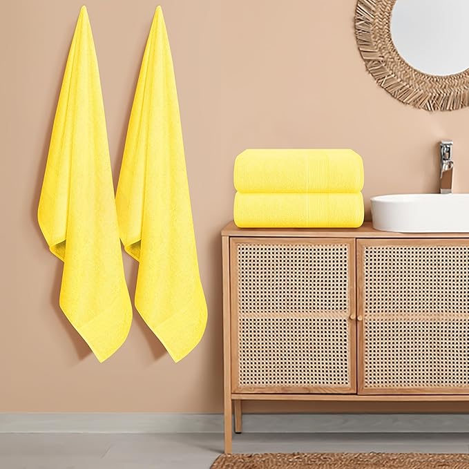 Belizzi Home 4 Pack Bath Towel Set 27x54, 100% Ring Spun Cotton, Ultra Soft Highly Absorbent Machine Washable Hotel Spa Quality Bath Towels for Bathroom, 4 Bath Towels Lime Yellow