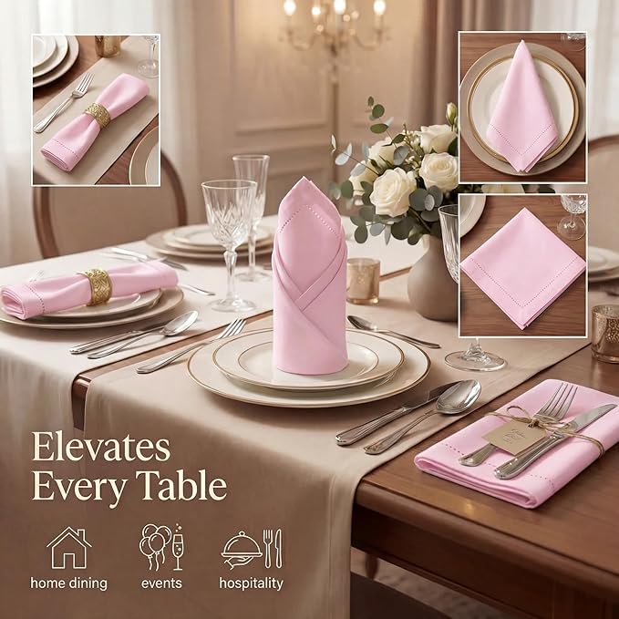 Urban Villa Pink Cloth Napkins Set of 12 | 20x20 100% Cotton | Hemstitch Dinner Napkins for Weddings, Parties & Easter