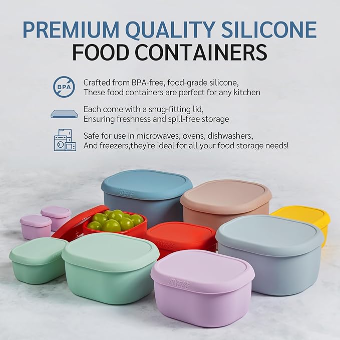 ISSEVE 12Pcs/Set Nesting Silicone Food Storage Containers with Lids, BPA Free Reusable Meal Prep Silicone Containers Airtight, Freezer Dishwasher Safe (33.8oz, 20oz, 10oz, 6.7oz, 1.3oz) (Beige)