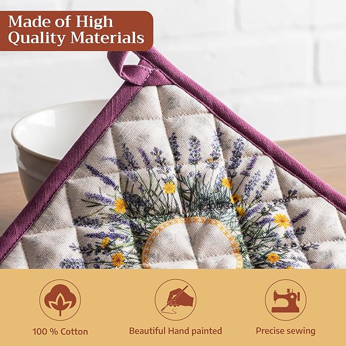 Maison d' Hermine Pot Holders 100% Cotton Heat Resistant Potholders 8" x 8" Hot Pads with Loop BBQ Cooking Baking Gifts for Mothers Day Handling Hot Pans Spring/Summer (Pack of 2, Fanny Lavender)