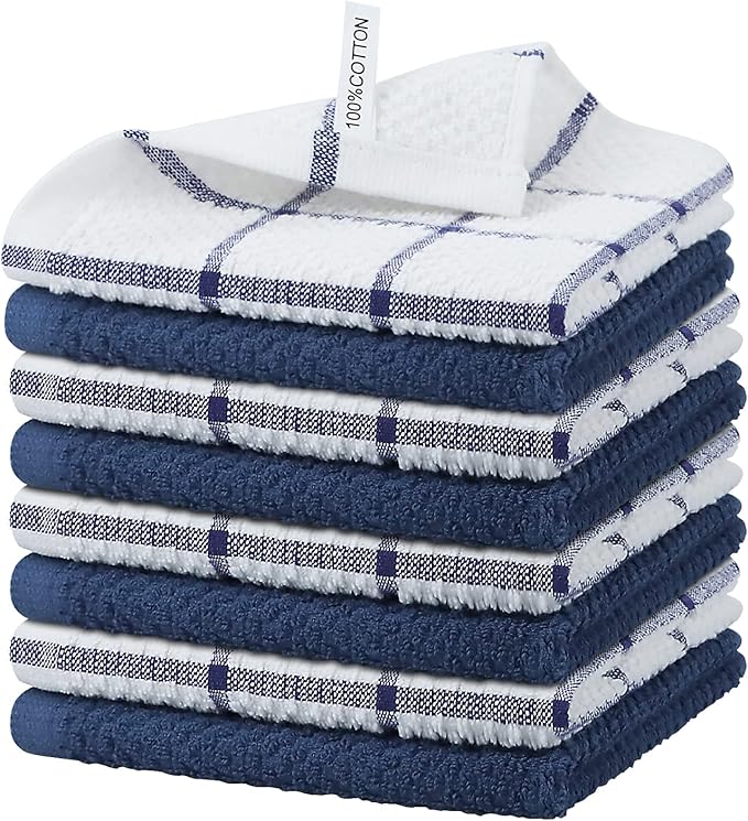 Nialnant 8 Pack Dish Rags,100% Cotton Dish Towels for Kitchen,Super Absorbent Kitchen Dish Cloths,Dish Rags with Hanging Loop,12x12 Inches,Navy Blue