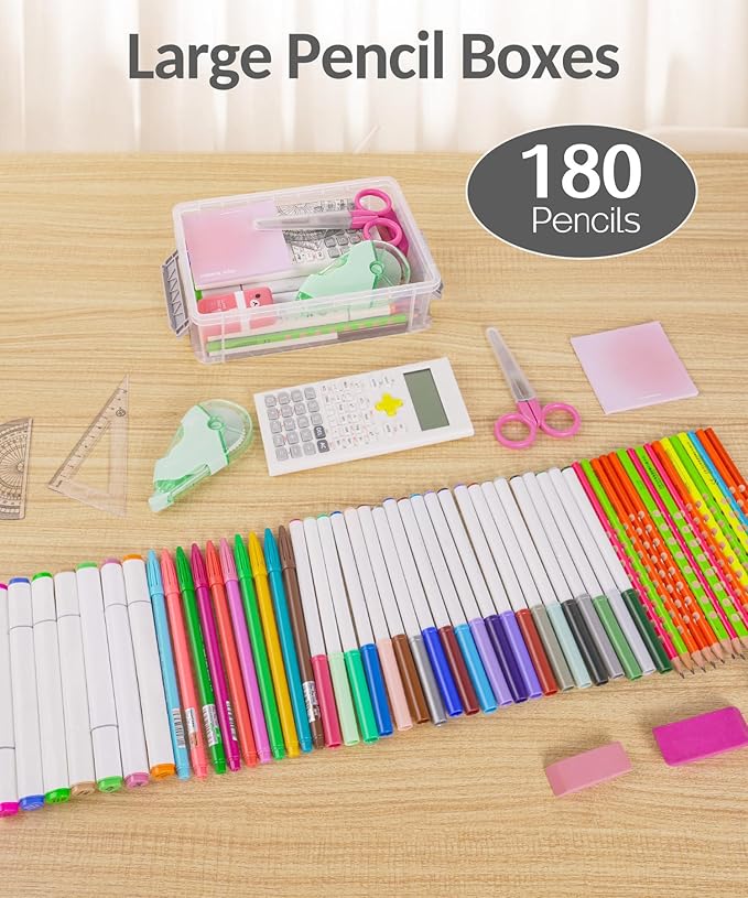 Sooez 6 Pack Extra Large Pencil Box, Plastic Pencil Case Crayon Box Bulk, Clear Marker Organizer Plastic Containers with Lid, Stackable Storage Boxes for Craft, Pen, Art, Back to School Supplies, Pink
