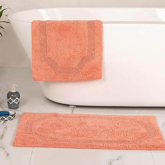 voyzz home Set of 2 Reversible Bath Rug 20x32 inch -17x24 inch | 100% Cotton Hand Tufted Soft & Absorbent Bath Mat|Washable Quick Dry Shaggy Shower Mat | Non-Slip Mordern Bathroom Decor | Peach…