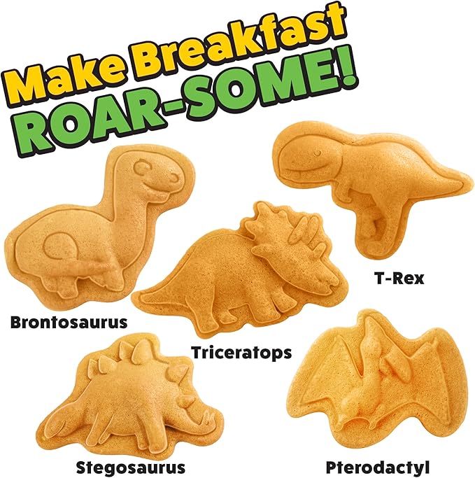 Dinosaur Mini Waffle Maker- 5 Different Double Sided 3D Shaped Dinos in Minutes- Kids Adults Breakfast Fun w/Cool Novelty Pancakes, Electric Baker, Non-Stick Waffler Iron w Recipe Guide, Gift for Him