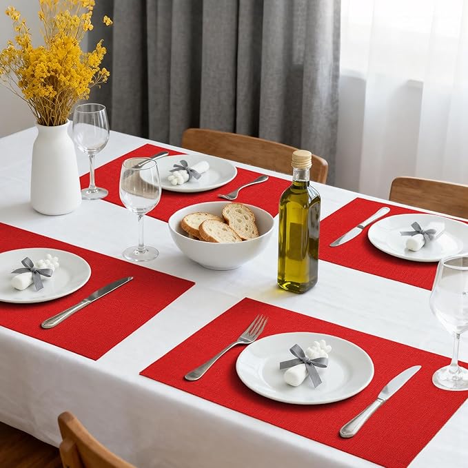 Placemats Set of 6 Linen Type Fabric Cloth Placemats, 18x12 Inch Double Layered Thick Wrinkle Free Heat Resistant Table Place, for Dining, Kitchen, Party (45 * 30cm, Red)