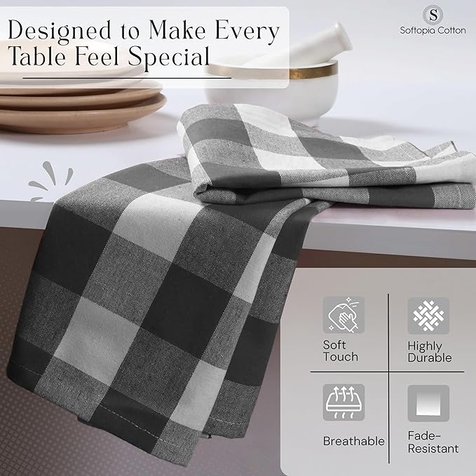 Buffalo Check Cloth Napkins, Set of 4, Soft, Absorbent, Reusable Table Napkins, Checked Napkins for Dinner, Lunch, Wedding, Buffet, Party, Holiday - Grey White (16 x 16 inches)