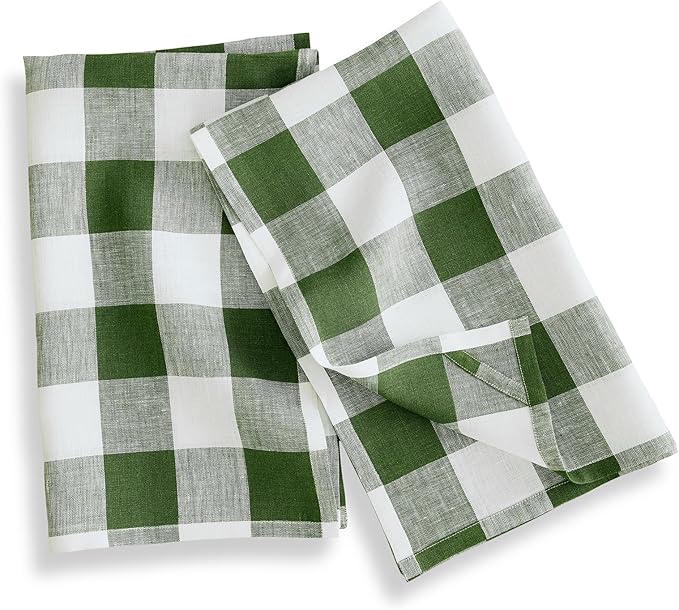 Solino Home Linen Kitchen Towels Set of 2 - Olive and White 16.5 x 26.5 Inch - 100% Pure Linen Buffalo Check Kitchen/Tea Towels - Machine Washable and Handcrafted from European Flax