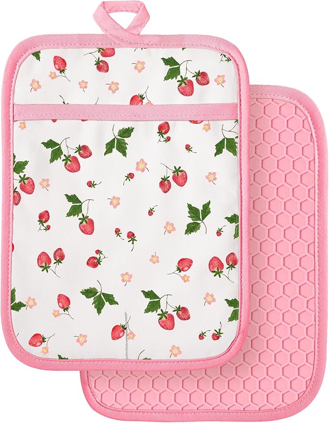 Slohif Silcone Strawberry Pot Holders for Kitchen - 100% Cotton Pink Cute Oven Potholders with Pockets, Heat Resistant Square Thick Hot Pads, House New Home Baking Baker Gifts,2pack