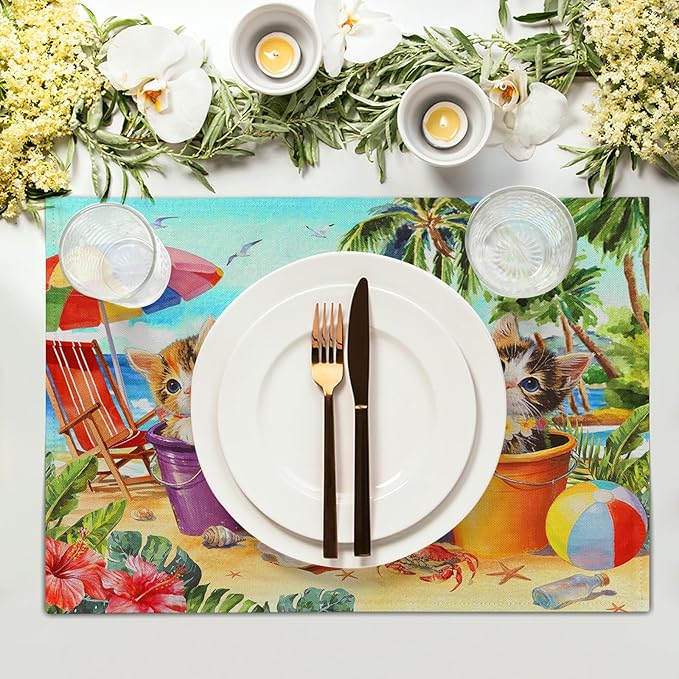 Lovely Cat Linen Placemats Holiday Beach Place Mat Set of 4 Dining Table Decor