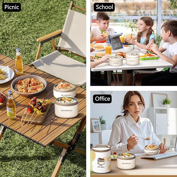 Bento Box Adult — Round Stackable Lunch Box for Women (450ml & 600ml) with Insulated Carry Bag | 304 Stainless Steel Removable Inserts | Microwave & Dishwasher Safe, White