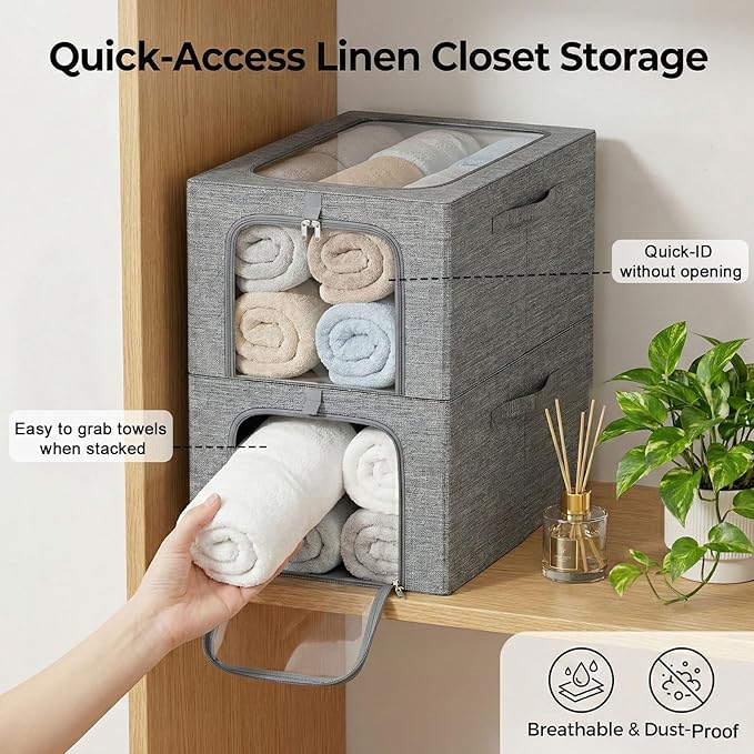 GoMaihe Clothes Storage Bins Metal Frame: 3-Pack Compact Stackable Closet Storage Bin with Lid & Clear Window, Space Saving Organizer for Sweaters Kids Clothes (Dorm/Closet 27L)