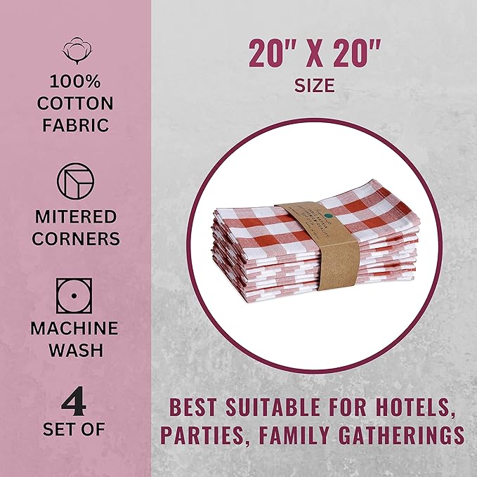 FINGERCRAFT Cloth Napkins, Everyday Use, Premium Quality, Cotton Buffalo Plaid, Set of 12, 20X20 Inch Oversized Napkins Cloth Mitered Corners, Soft, Durable Hotel Quality Brown White Checkered