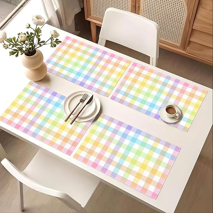 Pudodo Easter Buffalo Plaid Check Placemats Set of 4 Spring Holiday Party Decorations for Home Kitchen Table Supply (12" x 18")