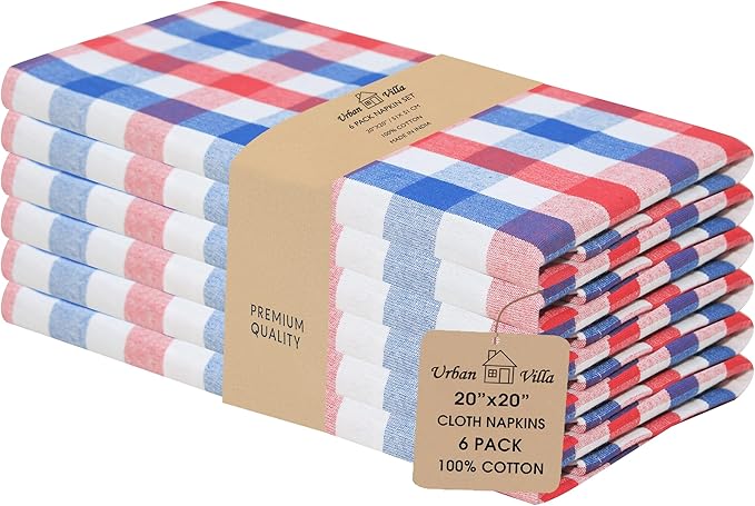 Urban Villa Cotton Dinner Napkins Set of 6, 20x20 Inche Soft Premium Cotton Napkins, Hotel Quality Highly Absorbent, Reusable & Washable Table Dinner Napkins (Red/Blue/White, Buffalo Checks)