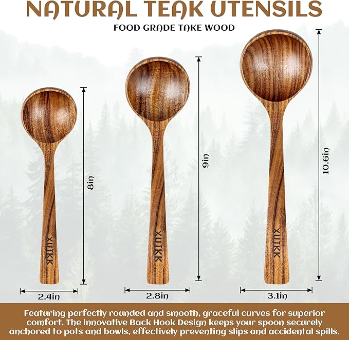 Wooden Ladle for Soup, Set of 3 Natural Teak Wood Ladle with Back Hooks, Wooden Soup Ladle for Cooking, Serving and Stirring | Comfortable Grip, Heat-Resistant &Non-Stick Teak Wooden Utensil Set