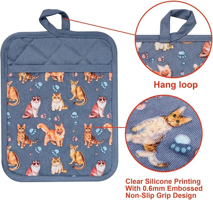 Pot Holders Set of 2 Heat Resistant 480 ℉Non Slip Clear Silicone Printed Comfortable Cotton Lining Kitchen Women Men Cooking Baking Microwave Machine Washable (Cat, Grey potholders)