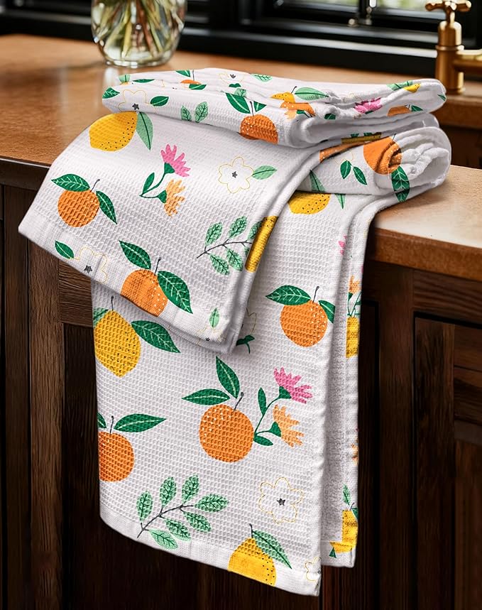 Miss Adola 2pcs Waffle Kitchen Towels - 16x26 Inch Cotton Waffle Weave Dish Cloths Set of 2 with Hanging Loop Absorbent Hand Tea Towels Fruits Design for Housewarming Gift, Citrus