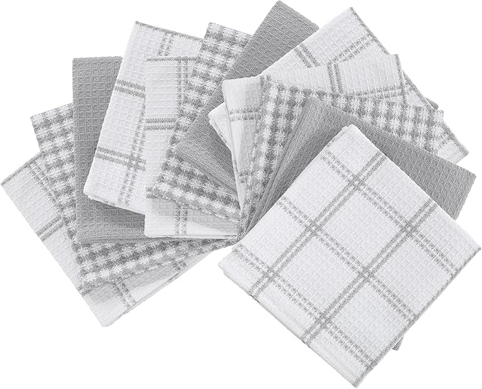 T-Fal Premium Waffle Dish Cloths: Highly Absorbent, Super Soft Long Lasting - 100% Cotton, 12"x13" Towel for Cleaning & Drying, (12-Pack), Gray