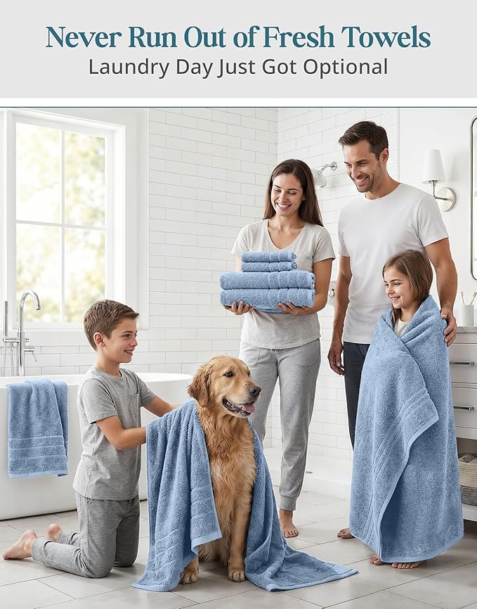 Casa Platino Premium Cotton Bath Towel 12 Piece Set - Super Soft, Quick Dry & Absorbent - 4 Bath, 4 Washcloths, 4 Hand Towels for Bathroom - Hotel Quality & Suitable for Family - Cerulean Blue