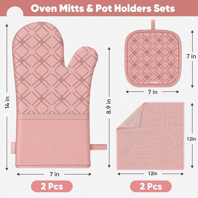 Oven Mitts and Pot Holders Set with Dishcloths, 500 Degree Heat Resistant Oven Gloves and Hot Pads, Premium Soft Cotton Kitchen Mittens and Dish Cloth Sets-Pink