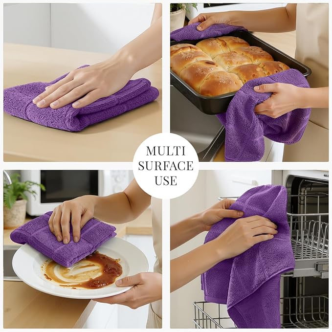 Homaxy Premium Kitchen Towels 18"x28", 8 Pack Large Cotton 380 GSM Dish Towels, Soft and Absorbent Kitchen Hand Towels with Terry Grid Design, Utility Tea Towel Set with Hanging Loop, Purple