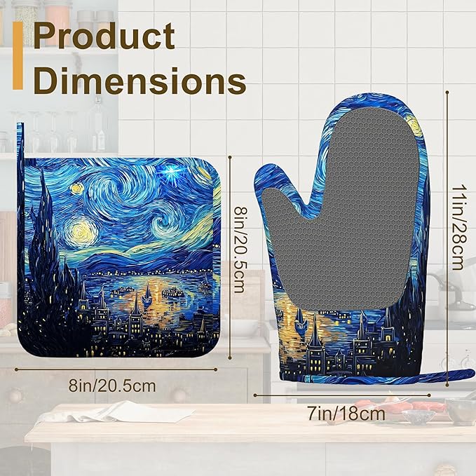Starry Night Oven Mitts and Pot Holders Set of 4, Heat Resistant Non Slip Kitchen Gloves Hot Pads, Chef Cooking Baking Gifts for Women Bakers, Kitchen Gifts for Cooking Lover Cooks Mom