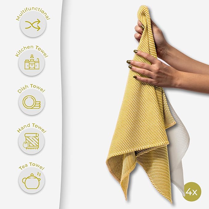 Ossano Kitchen Hand Towels - 4 Pack, (20" x 30") - Soft & Quick Dry - Versatile as, Turkish Kitchen Towels, Cozy Hand Towel, Vintage Kitchen Towels, Dishcloths, Mustard and Ecru