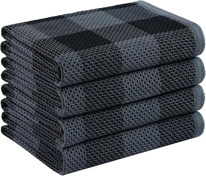 Mordimy 100% Cotton Waffle Weave Kitchen Towels, 20 x 28 Inches, Super Soft and Absorbent Buffalo Check Large Dish Towels for Drying Dishes, 4-Pack, Black & Grey