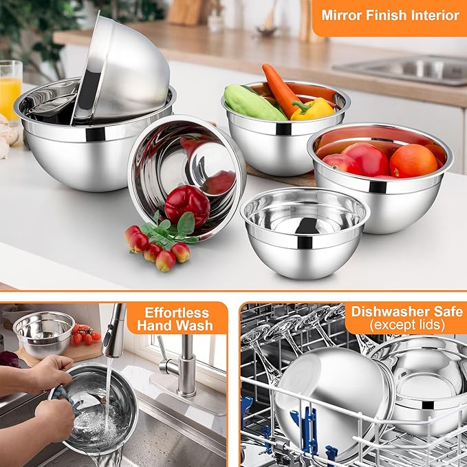 LIANYU Mixing Bowls with Lids Set of 6, Large 7 & 3.5 & 2.5 & 2 & 1.5 & 1QT Stainless Steel Serving Bowls, Kitchen Metal Nesting Bowl for Cooking, Food Storage, Dishwasher & Freezer Safe, Multi-Color