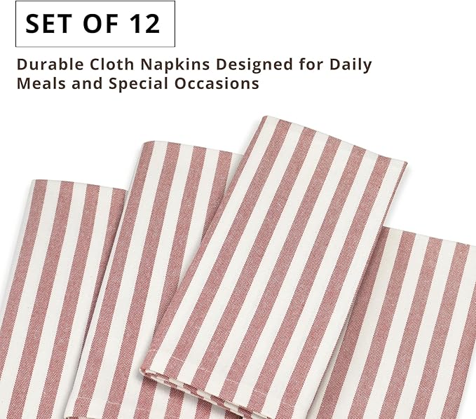 PurpleEssences Plain Striped Cloth Napkins - Set of 12-100% Cotton - 18 x 18 Inch - Spring Easter Summer and Perfect Everyday Use Dinner Napkin - Royal Rust Ivory