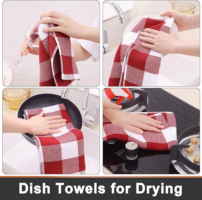 Mordimy 100% Cotton Waffle Weave Kitchen Towels, 13 x 28 Inches, Super Soft and Absorbent Buffalo Check Dish Towels for Drying Dishes, 4-Pack, Red & White