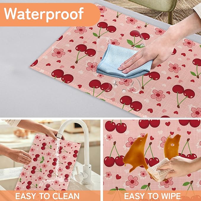Cherry Placemats Set of 6,Pink Flowers Washable Kitchen Dining Linen Table Mats for Home Party Dinner Indoor Outdoor 12x18Inch